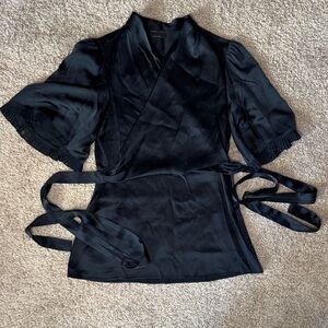 BCBGMaxAzria Black Satin Wrap Blouse